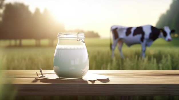 Día mundial de la leche Botella de leche o tarro en mesa de madera Ai generativo