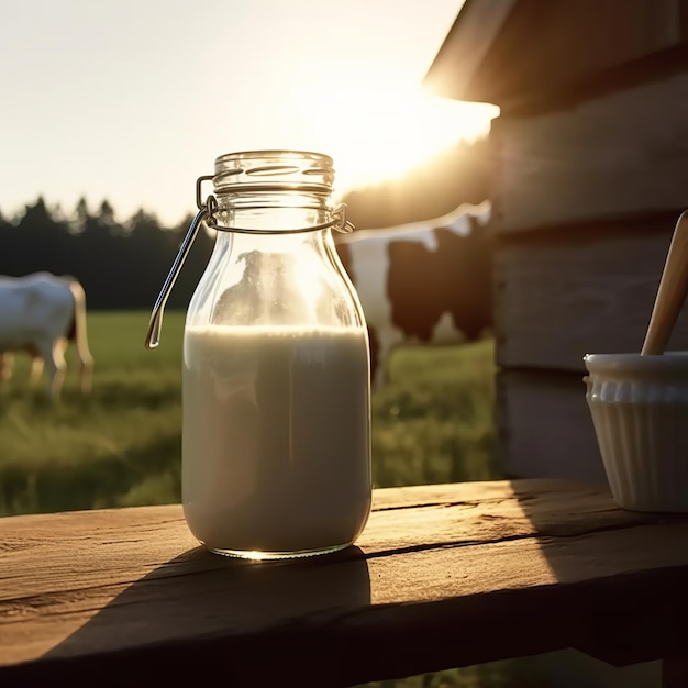 Día mundial de la leche Botella de leche o tarro en mesa de madera Ai generativo