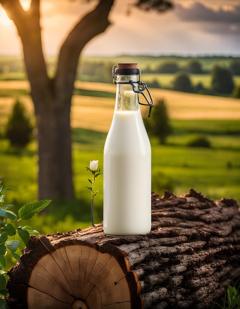 Día Mundial de la Leche Botella de leche sobre mesa de madera