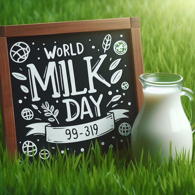 Foto día mundial de la leche de plantas escrito y una jarra de leche en un campo de hierba verde