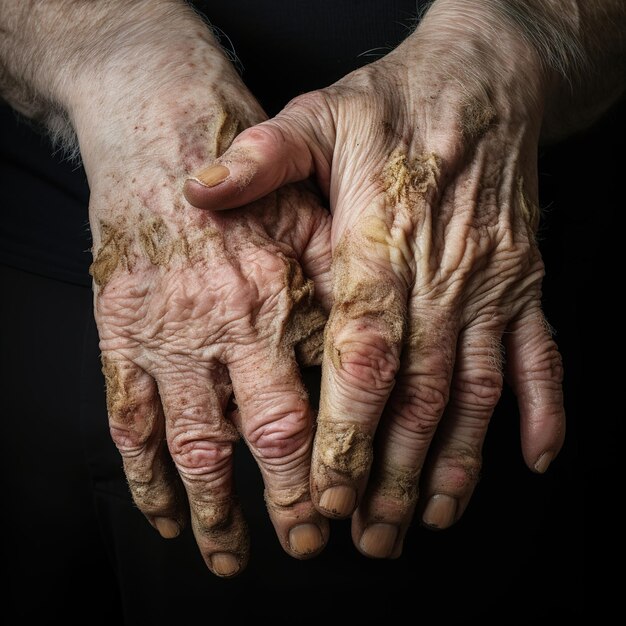 Foto día mundial de la lepra las manos de un anciano que sufre de lepra closeup gente pobre de la india