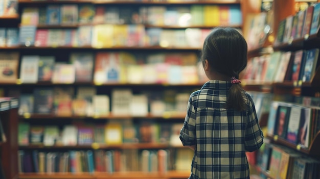 Día Mundial del Libro Concepto de niños pequeños de pie frente a la librería IA generativa