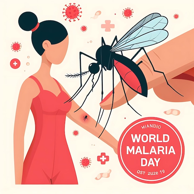 Día Mundial de la Malaria Vector Un cartel para el Día Mundial del Mundo se muestra con una mujer sosteniendo un mosquito