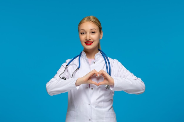 Día mundial del médico médico sonriente que muestra manos en forma de corazón con estetoscopio en el abrigo médico