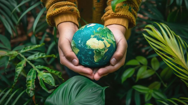 Día Mundial del Medio Ambiente Un globo en manos cariñosas contra un telón de fondo de exuberante vegetación