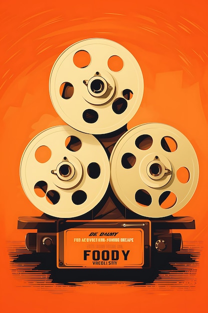 Foto día mundial del patrimonio audiovisual viejos rollos de películas naranja y día internacional del arte poster creativo