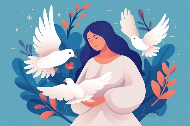 Día Mundial de la Paz Mujer con palomas