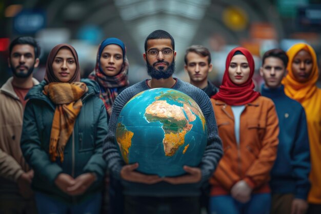 Foto día mundial de la población celebrar la diversidad de la humanidad unida bajo el abrazo del globo con personas de diferentes nacionalidades