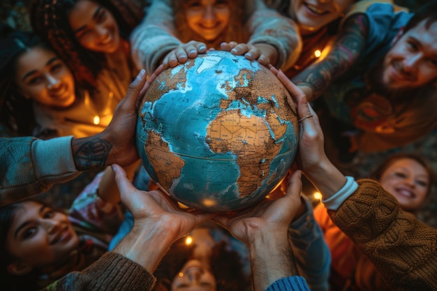 Foto día mundial de la población celebrar la diversidad de la humanidad unida bajo el abrazo del globo con personas de diferentes nacionalidades