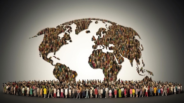 Día Mundial de la Población Un grupo de personas en el mapa del planeta Tierra con continentes AI generado