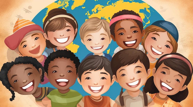 Foto día mundial de la población niños sonrientes de diferentes nacionalidades en el fondo del globo