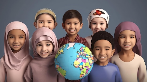 Día Mundial de la Población Niños sonrientes de diferentes nacionalidades en el fondo del globo