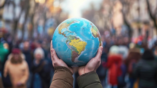 Foto el día mundial de la población simbolizado por una persona que sostiene la tierra con la humanidad como telón de fondo