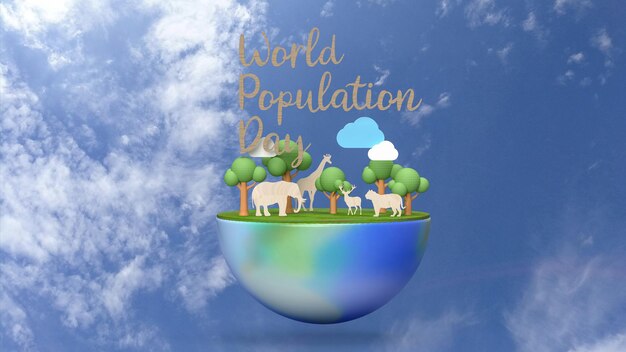 El Día Mundial de la Población y la tierra para el concepto de vacaciones 3d