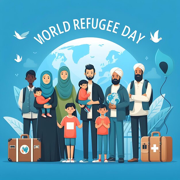 día mundial de los refugiados un cartel de una celebración del día mundial con personas y una pancarta que dice día mundial