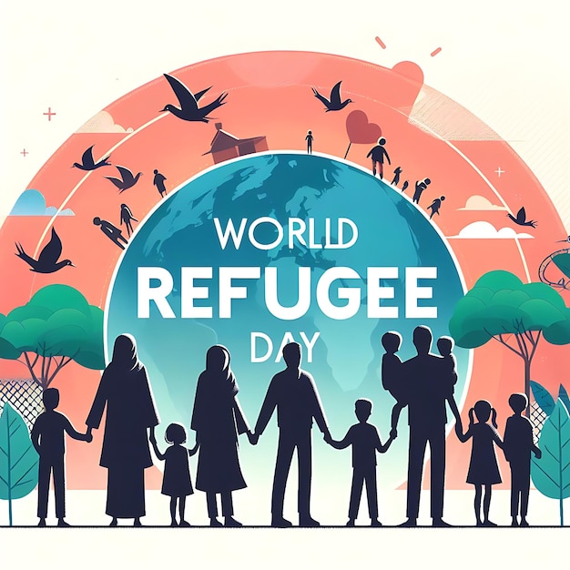 Foto día mundial de los refugiados un cartel para la celebración del día mundial con personas que se toman de la mano