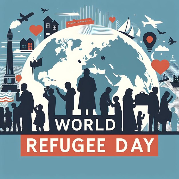 día mundial de los refugiados un cartel de un día mundial con personas y aves y un fondo azul