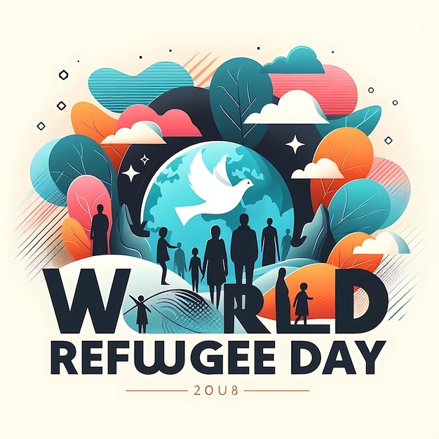 día mundial de los refugiados un cartel para el día mundial con personas y un pájaro en el medio