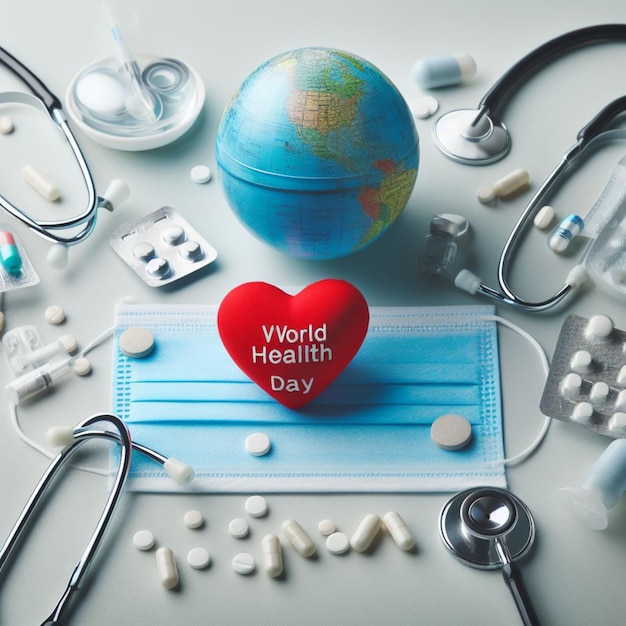 Día Mundial de la Salud Clipboard con estetoscopioHeart Planet Earth máscara médica y pastillas en la luz