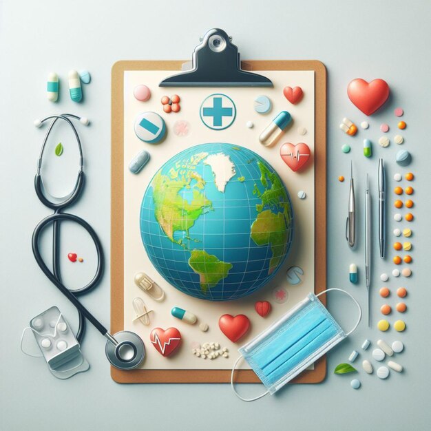 Día Mundial de la Salud Clipboard con estetoscopioHeart Planet Earth máscara médica y pastillas en la luz