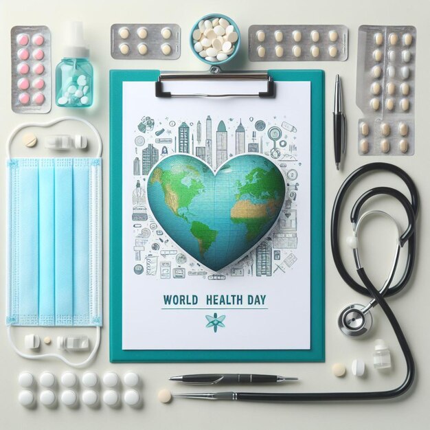 Día Mundial de la Salud Clipboard con estetoscopioHeart Planet Earth máscara médica y pastillas en la luz