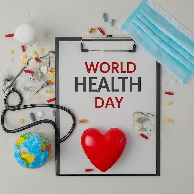 Día Mundial de la Salud Clipboard con estetoscopioHeart Planet Earth máscara médica y pastillas en la luz