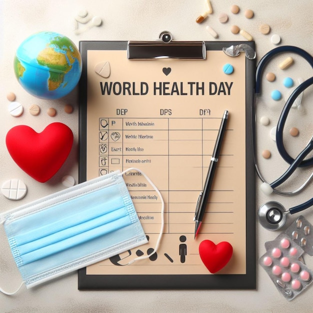 Día Mundial de la Salud Clipboard con estetoscopioHeart Planet Earth máscara médica y pastillas en la luz