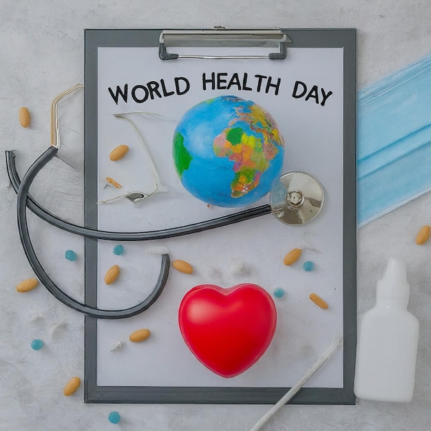 Foto día mundial de la salud clipboard con estetoscopioheart planet earth máscara médica y pastillas en la luz