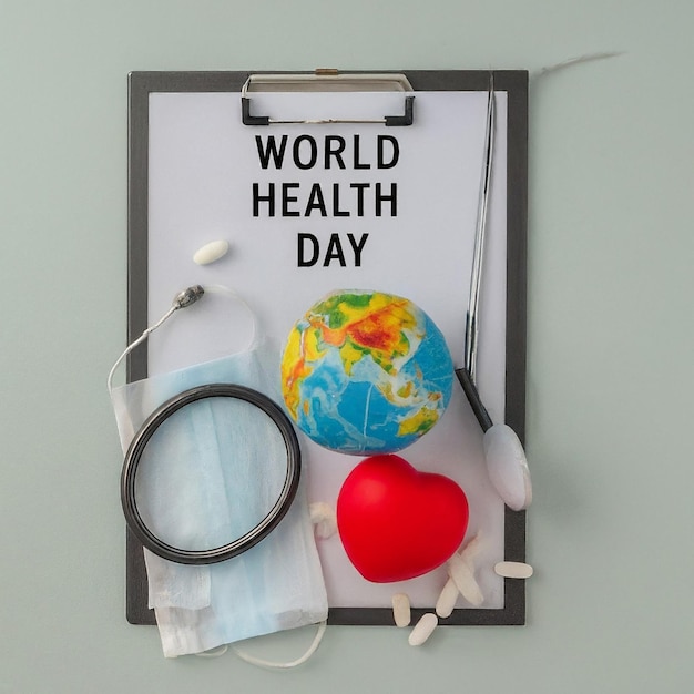 Foto día mundial de la salud clipboard con estetoscopioheart planet earth máscara médica y pastillas en la luz