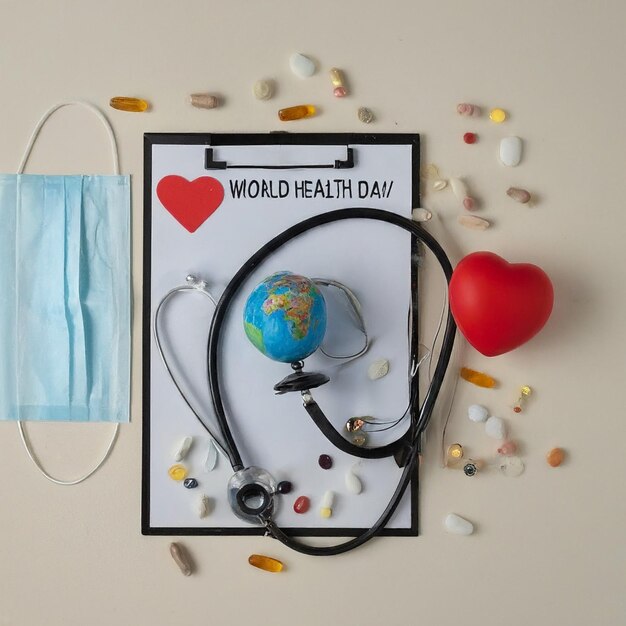 Día Mundial de la Salud Clipboard con estetoscopioHeart Planet Earth máscara médica y pastillas en la luz