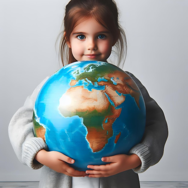 Día Mundial de la Salud una niña sosteniendo un globo con la Tierra en él