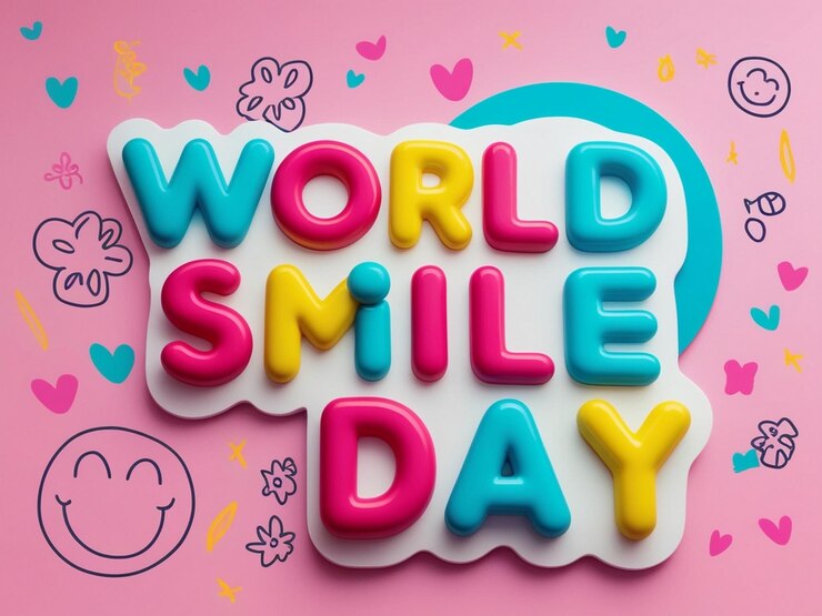 Foto día mundial de la sonrisa texto en 3d en el fondo decorado con bonitos emoji