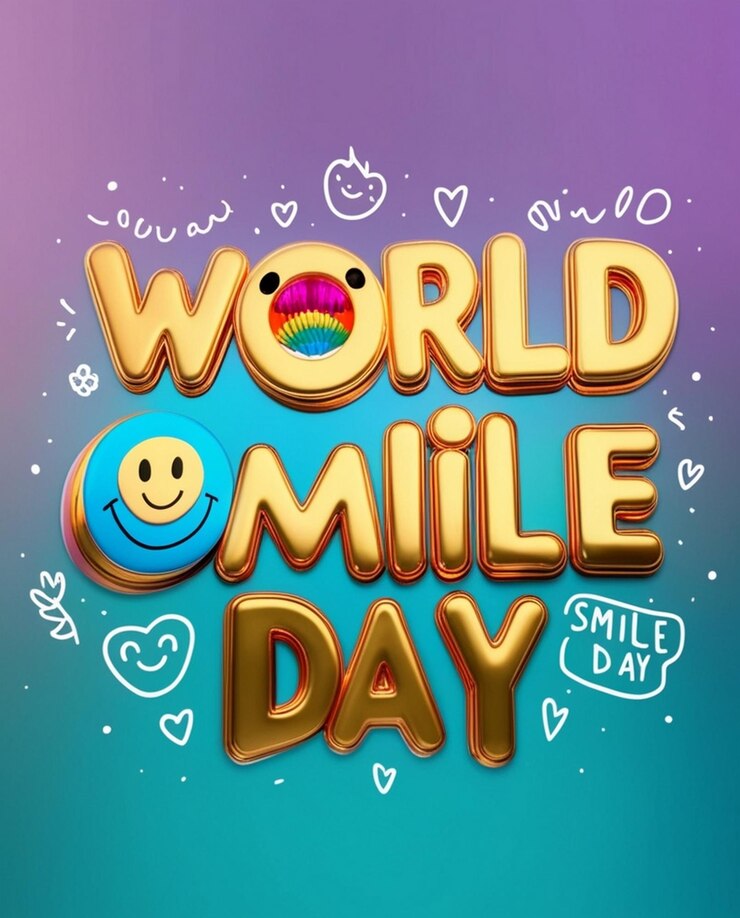 Foto día mundial de la sonrisa texto en 3d en el fondo decorado con bonitos emoji