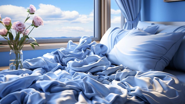 Foto el día mundial del sueño cama azul con almohadas