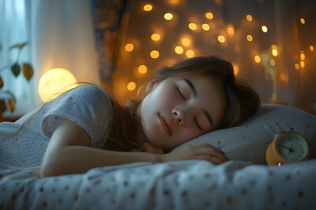 Foto día mundial del sueño niña durmiendo en una almohada suave con despertador