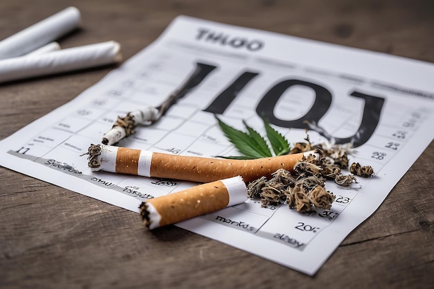 Foto día mundial sin tabaco el cigarrillo se rompió en el calendario del 31 de mayo y tenía un alfiler rojo en él la idea de dejar de fumar y dejar de fumar