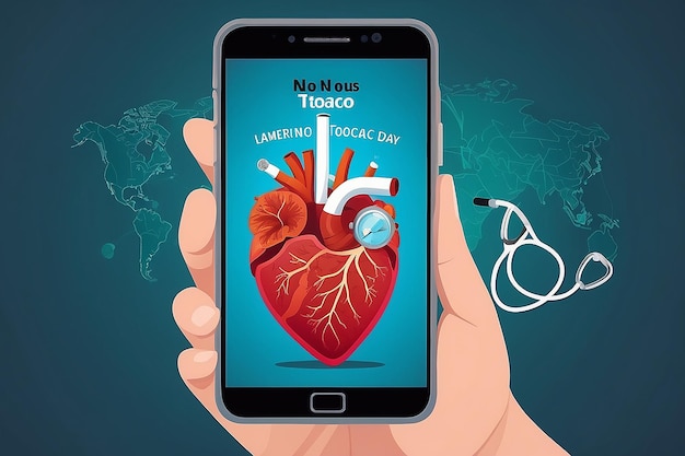 Día Mundial Sin Tabaco corazón con cigarrillo y estetoscopios en la pantalla del teléfono inteligente
