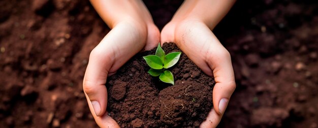 Día Mundial de la Tierra Las manos de las mujeres sostienen el suelo vista superior Una pequeña planta verde en manos femeninas Ecología