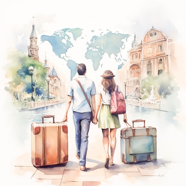 Día Mundial del TurismoVacaciones Ilustración en acuarela de una pareja con una mochila que viaja con amor