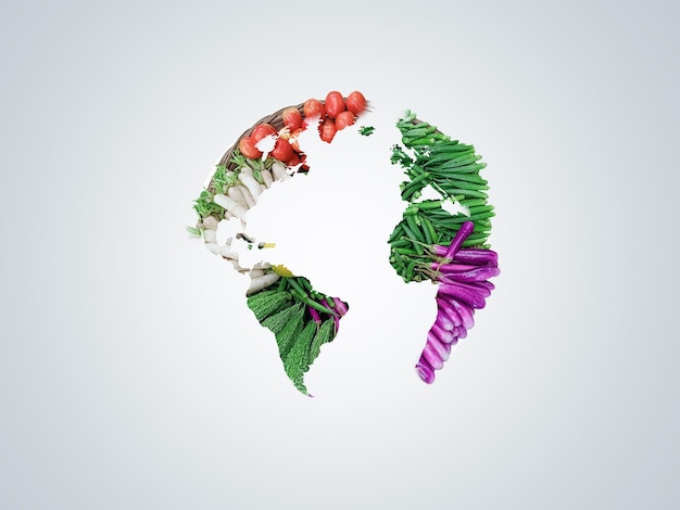 Día mundial vegano o concepto de día vegetariano. Mapa mundial aislado en vegetales frescos, día vegano,