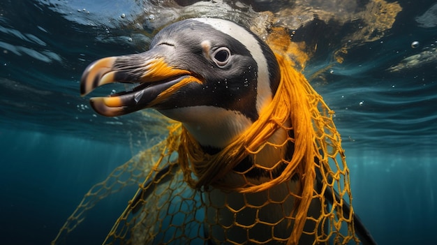 Día Nacional del Control de la Contaminación Pingüino atrapado en la red