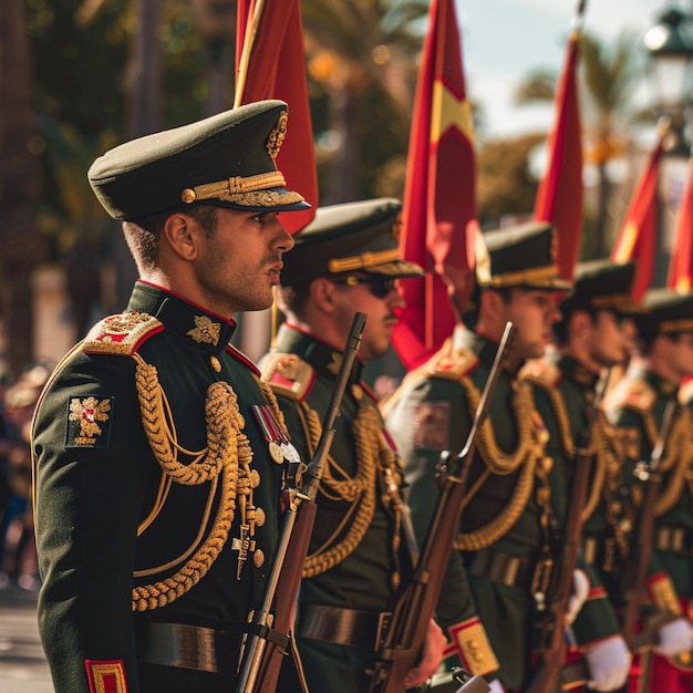 Dia Nacional da Espanha Desfile Homens em uniforme marchando pela rua