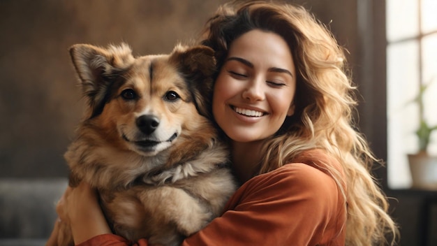 Dia Nacional de Abraçar o Seu Cão Uma mulher abraça o seu cão