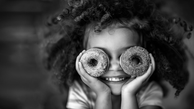 Dia Nacional do Donut Retrato de uma menina sorridente com cabelos encaracolados e dois donuts apetitosos