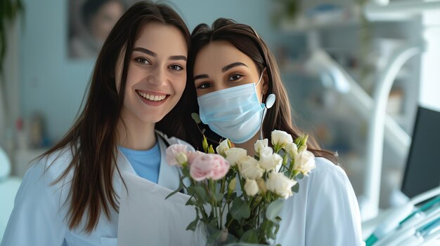 Foto dia nacional do doutor39 duas médicas sorridente segurando um buquê de flores no hospital