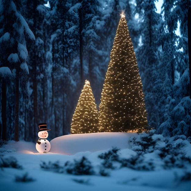 Día de Navidad Árbol de Navidad decoraciones regalos estrella bola color muñeco de nieve fondo primer plano en un bosque de pinos de nieve noche iluminación ilustración arte