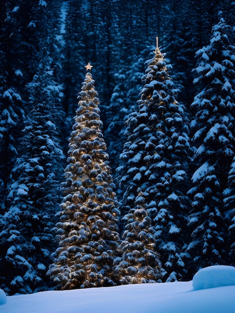 Día de Navidad Árbol de Navidad decoraciones regalos estrella bola color muñeco de nieve fondo primer plano en un bosque de pinos de nieve noche iluminación ilustración arte