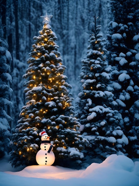 Día de Navidad Árbol de Navidad decoraciones regalos estrella bola color muñeco de nieve fondo primer plano en un bosque de pinos de nieve noche iluminación ilustración arte