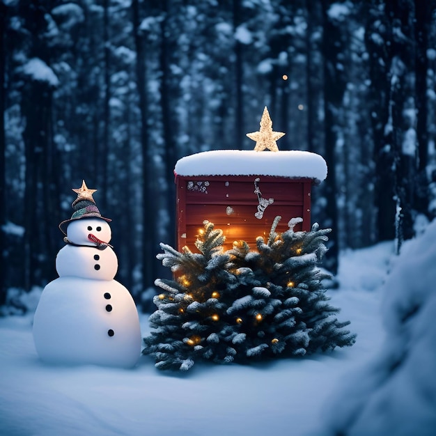 Día de Navidad Árbol de Navidad decoraciones regalos estrella bola color muñeco de nieve fondo primer plano en un bosque de pinos de nieve noche iluminación ilustración arte