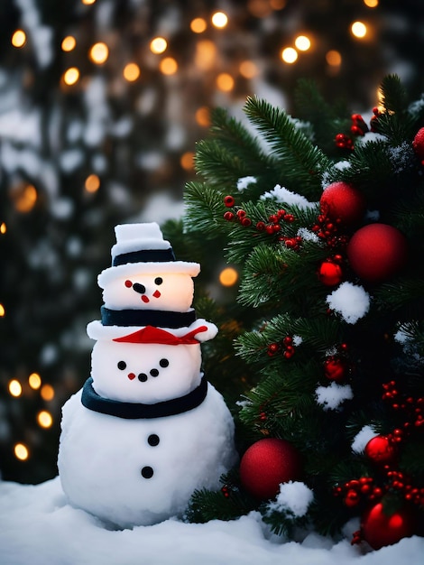 Día de Navidad Árbol de Navidad decoraciones regalos estrella bola color muñeco de nieve fondo primer plano en un bosque de pinos de nieve noche iluminación ilustración arte